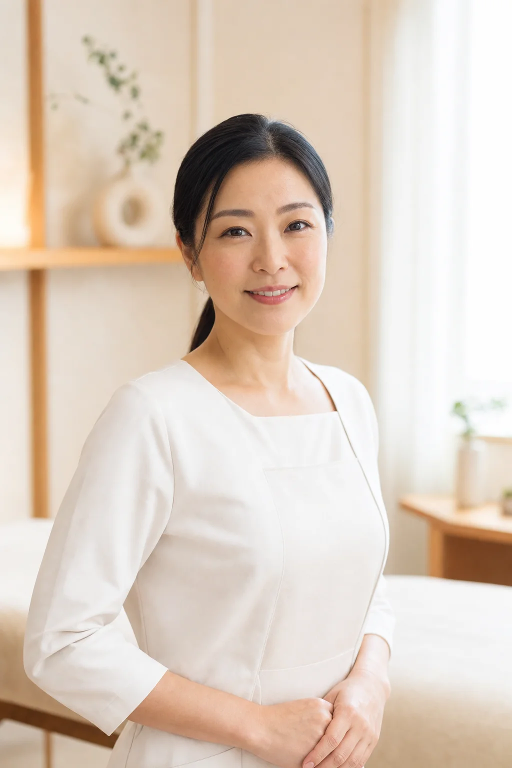 院長 中村明子。鍼灸師。白い施術着で笑顔